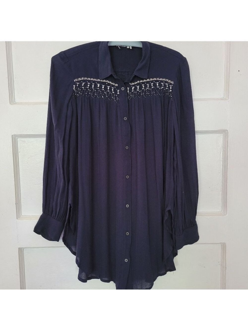 Anthropologie Floreat Beulah Beaded Buttton Up Pleat Front Long Sleeve Blouse - Picture 2 of 16